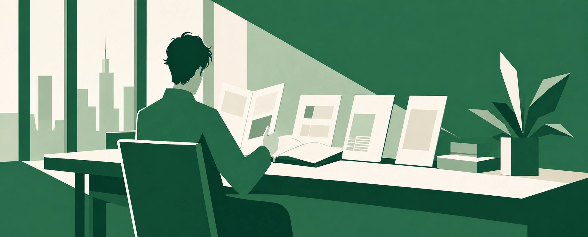 A reader, a page, and different ways of seeing. 绿色阅读场景插画。